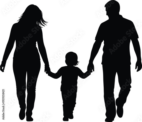 Family walking silhouette vector illustration, child holding hands with parents together protection companionship decorative isolated design for stock discoverability
