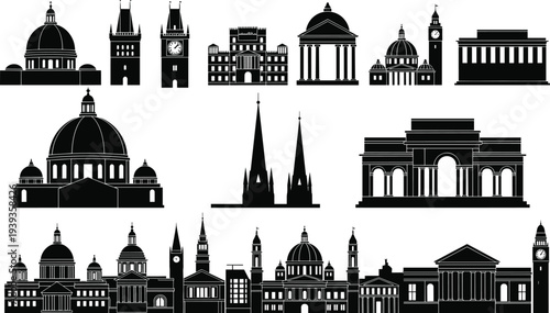 Famous architectural landmark silhouettes with domes, towers, cathedrals, classical buildings, monuments, diverse styles, cultural heritage, travel, tourism, design illustration icons