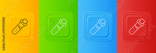 White Bottle with potion icon isolated on colorful background. Flask with magic potion. Happy Halloween party. Set icons in square buttons. Vector