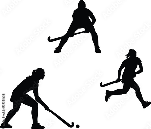 Field hockey player silhouette vector illustration, dynamic sports action poses running striking intercepting decorative isolated design for stock discoverability