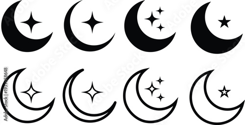 Eight phases of the moon cycle flat design vector illustration with stars