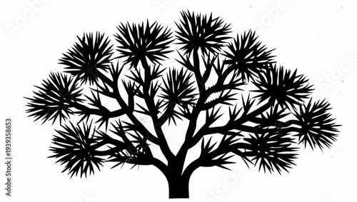 Stunning black silhouette of a tree with spiky leaves on transparent background