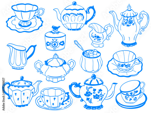 Antique tea tableware large set. 13 elements of a porcelain kitchen set. Cups, teapots, sugar bowl, milk jug.  Sketch illustration icon in Mediterranean blue line retro style for restaurant menu