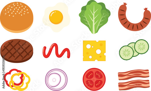 Set of Twelve Flat Design Burger Ingredients Including Bun, Patty, Vegetables, and Sauces for Menu and Culinary Design