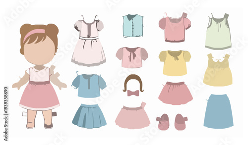 Cute paper doll dress up clothes set baby girl vector illustration