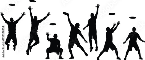 Flying disc sport silhouettes with people throwing, catching, jumping, reaching, ultimate frisbee, recreation, athletic movement, dynamic poses, outdoor play, teamwork illustration