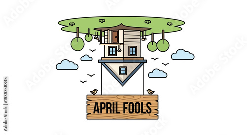 Whimsical upside down house on a floating island with april fools sign and fluffy clouds
