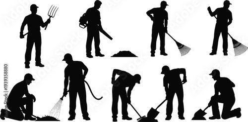 Gardening worker silhouettes with tools, landscaping people in outdoor maintenance poses, garden labor illustration, farming equipment vector, yard work silhouettes