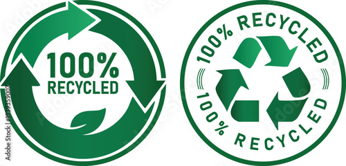 Green 100 Percent Recycled Badge Set with Circular Arrow Symbol and Eco Friendly Recycling Seal Design, Sustainable Product Label Collection for Packaging, Environmental Branding