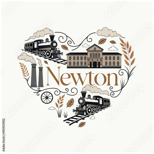 Newton Vintage Industrial Heart Design with Steam Train and Historic Building