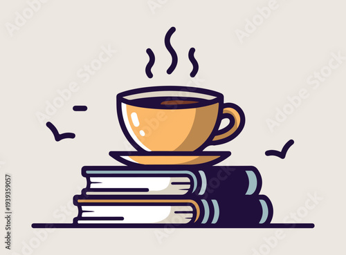 Cozy coffee cup on a stack of books illustration for reading and relaxation concept