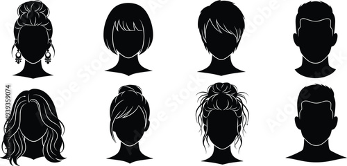 Hairstyle silhouettes featuring diverse short, medium and long hair designs, buns, waves, layered cuts vector illustration for fashion, beauty, style