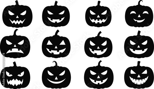 Halloween pumpkin silhouettes with jack-o’-lantern faces, spooky carved expressions vector, holiday decoration graphic, scary and funny pumpkin designs