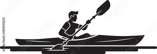 Black silhouette of a man kayaking on a serene lake or river