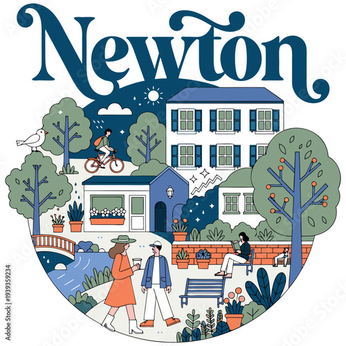 Newton Picturesque Park Scene with Residents Leisure and Architecture