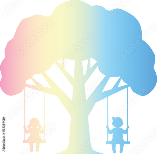 Colorful tree with children on swings