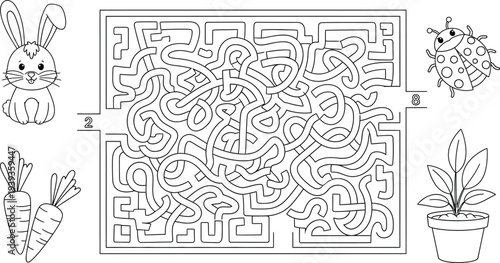 A black and white maze with potted plants on the sides and a large central puzzle
