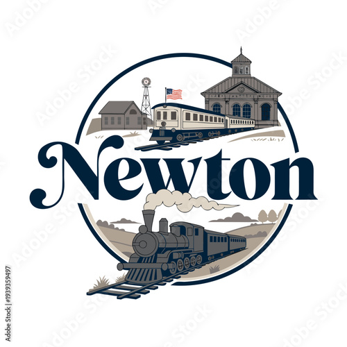 Newton Historical Transit Emblem with Steam Train and Landmark Building