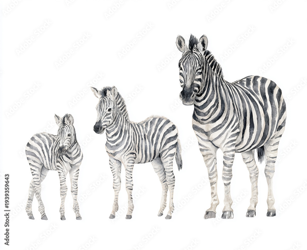 Fototapeta premium Watercolor clipart of a large zebra with two smaller zebras, hand-painted wildlife family scene, soft natural colors, playful and gentle design, perfect for nursery, kids’ projects