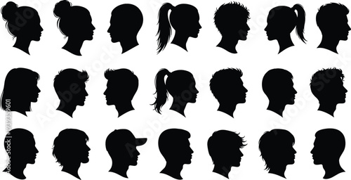 Human head silhouettes with diverse hairstyles, profiles showing variety in haircuts, identity vector illustration design art