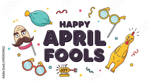 Happy april fools day celebration with cartoon characters and party accessories