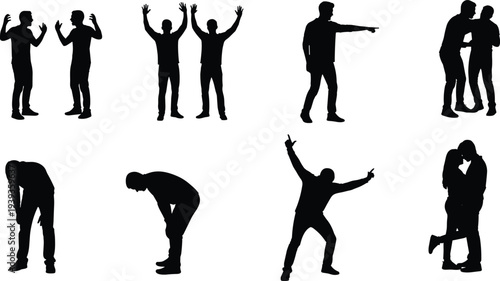 Human silhouette collection showing emotional body language, expressive poses of individuals and pairs, communication, psychology, vector illustration
