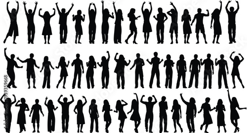 Human silhouettes in dancing and celebratory poses, expressive body language vector, people movement illustration, dynamic posture graphic, joyful silhouettes