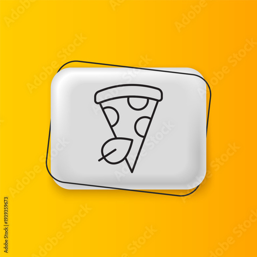 Black Vegan pizza slice icon isolated on yellow background. Silver rectangle button. Vector