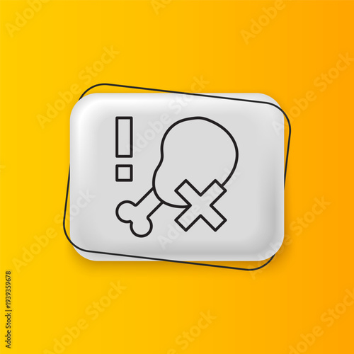 Black No chicken leg icon isolated on yellow background. No fast food allowed - vegetarian food. Silver rectangle button. Vector