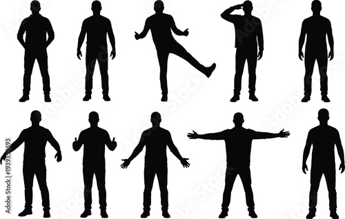 Human silhouettes in diverse standing poses, expressive gestures and stances illustration, vector design for body language and character artwork