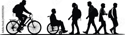 Inclusive silhouettes of diverse mobility, bicycle, wheelchair, walking figures with backpacks, commuting concept, vector illustration, isolated black design on white background