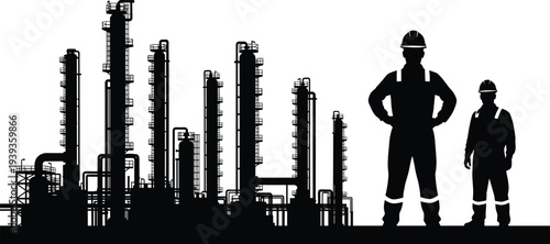 Industrial refinery plant with distillation columns, pipes, workers in hard hats, chemical processing facility, engineering safety, industrial operations silhouette illustration
