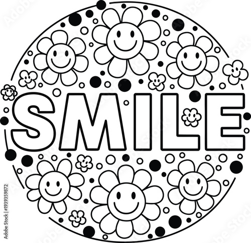 Smiling faces and flowers coloring page for kids with smiley faces