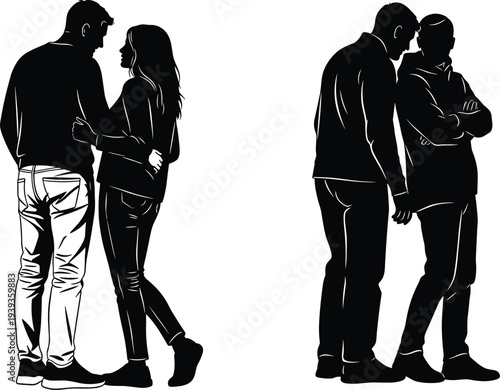 Interpersonal silhouette vector illustration, people conversation secret whisper body language gesture decorative isolated design for stock discoverability