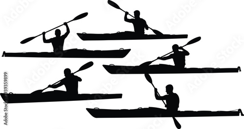 Kayak paddling silhouettes in dynamic positions, outdoor water sports concept, recreational activity vector illustration, isolated black design on white background