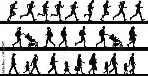 Life stages progression silhouettes showing childhood running, adulthood walking, parenthood caregiving, family bonding, generational growth, human journey, symbolic illustration