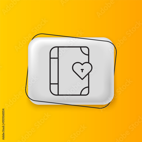 Black Love diary notebook album icon isolated on yellow background. Happy Valentines day. Silver rectangle button. Vector