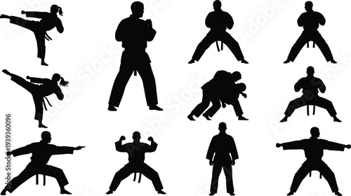 Martial arts silhouettes in diverse combat poses, high kicks, defensive stances, dynamic movement vector illustration, physical discipline concept, isolated black design