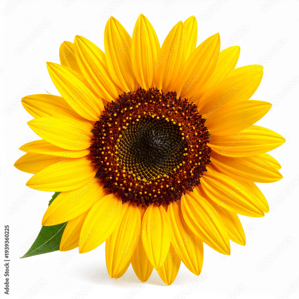 Fototapeta premium a vibrant yellow blossom is displayed against a clean, white background. the bloom features numerous bright petals encircling a textured, circular center that transitions from brown to black