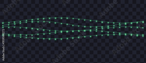 Luminous green string lights are beautifully arranged in three undulating lines across a dark transparent canvas