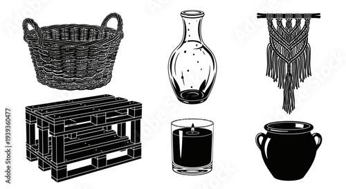 Rustic home decor and interior design elements set with wicker basket, glass vase, macrame wall hanging and wooden pallet vector illustration.