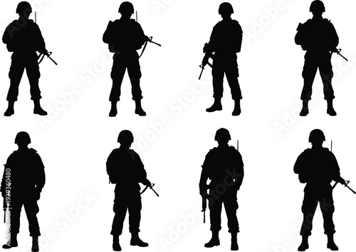 Military soldier silhouettes standing with rifles, army troops in combat poses, war fighters illustration, defense forces vector, armed men silhouettes