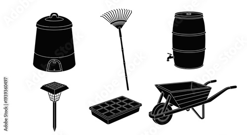 Sustainable gardening and backyard farming tools set with compost bin, rain barrel, solar light and wheelbarrow vector illustration.