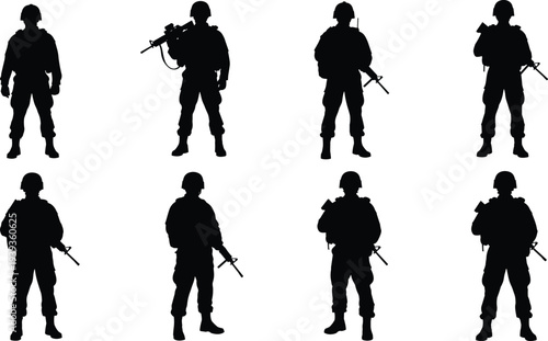 Military soldier silhouettes with rifles, combat stances, army figures, war illustration, defense concept, armed forces vector, tactical posture artwork