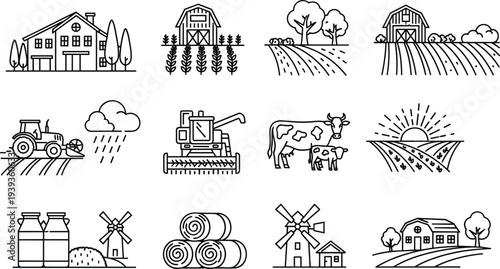 Black linear vector icon set featuring farm buildings, tractors, livestock, harvested hay bales, windmills, and rural countryside landscapes for agricultural industry branding
