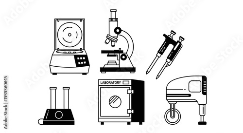 Science laboratory equipment set with microscope, centrifuge, pipette and incubator vector illustration.