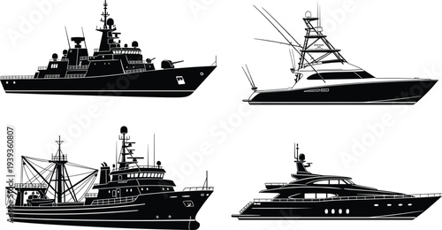 Ship and boat silhouettes collection featuring warship, fishing boat, trawler, yacht designs, vector illustration for maritime, transport, industry, recreation, and design themes