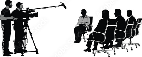 Silhouette illustration of filmed interview, camera crew with boom microphone, tripod, panel discussion, office chairs, professional workplace communication scene