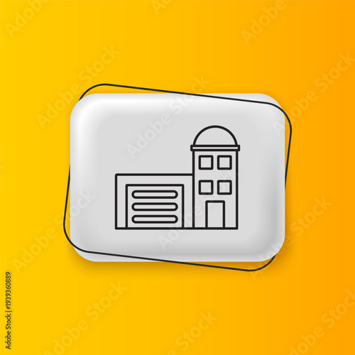 Black Building of fire station icon isolated on yellow background. Fire department building. Silver rectangle button. Vector