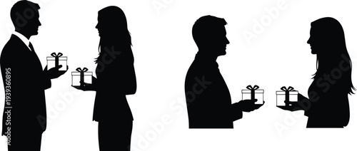 Silhouette people exchanging gift boxes illustration, social interaction vector art, generosity celebration concept, kindness appreciation, relationship moment design